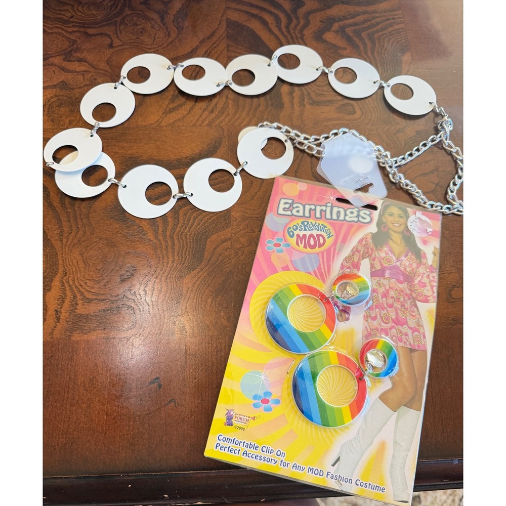 Vintage 60s Mod Revolution Rainbow Clip On Earrings & White Disc Chain Belt Set